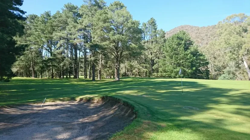 A bunker beside the green at Tambo Valley Golf Club, wooded hills behind